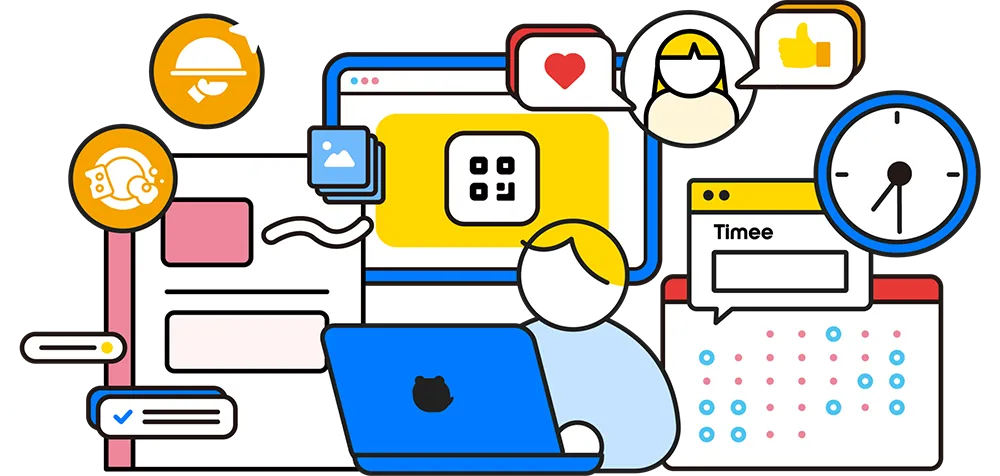 タイミー事業所向けナレッジセンターのメインビジュアル。スマートフォンとパソコンを使って求人管理を行う様子を表現したイラスト